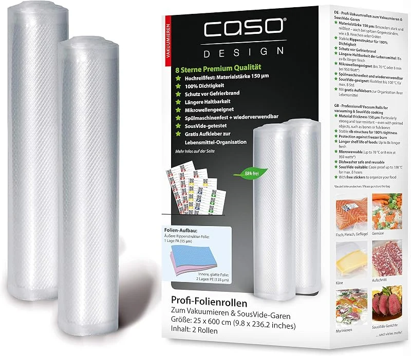 CASO Professionell folierullar 25 x 600 cm, 2 rullar, för alla vakuumförpackare, BPA-fria, mycket starka och slitstarka ca 150 µm, doftsäker, koksäker, sous vide, återanvändbar, inkl. Food Manager — Kök & Hushåll