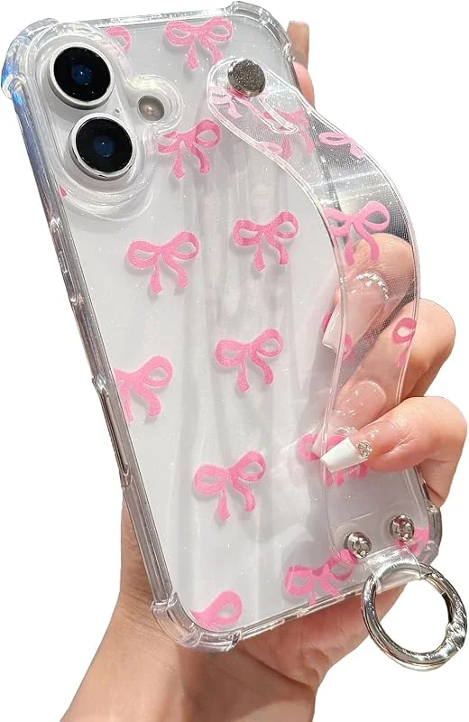 LLZ.COQUE för iPhone 16 glitter bågfodral, justerbar handrem stativ klart skydd för flickor kvinnor, transparent fyra hörn droppskydd telefonfodral för iPhone 16, rosett — Mobil och surfplatta