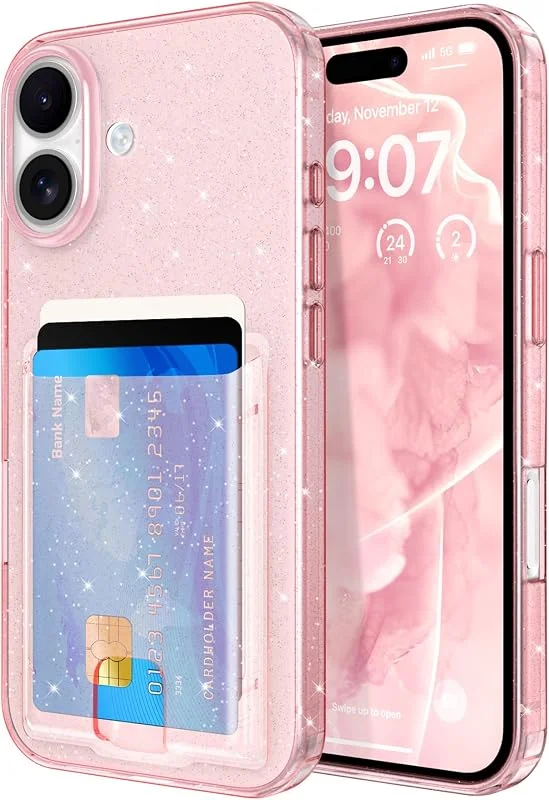ZCDAYE Kortfodral för iPhone 16 Plus med kortsolt, mjukt TPU glänsande transparent glitter telefonfodral, praktisk smal passform hållbara skyddande fodral för iPhone 16 Plus (6, 7 tum, rosa glitter — Mobil och surfplatta