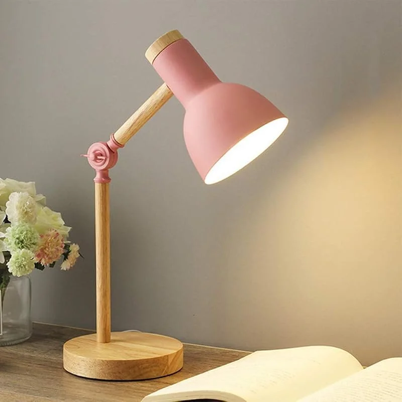 Mengjay Nordisk, modern, kreativ bordslampa till sovrummet, sänglampa, för barn, kontor, ögonskydd, läslampa, justerbar skrivbordslampa, E27, trä, metall, nattlampa (rosa) — Hushållselektronik