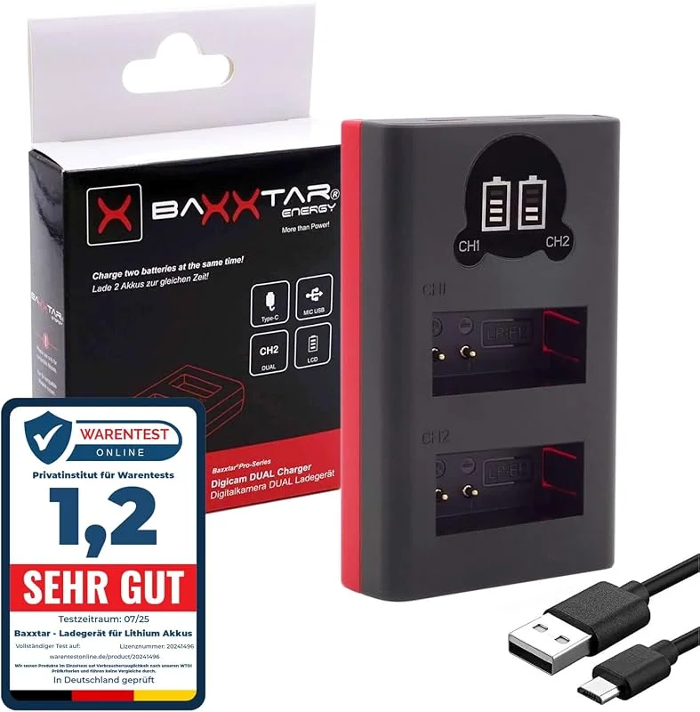 Baxxtar Dual LCD Batteriladdare USB-C, Micro-USB för Canon LP-E12 LPE12 — Laddning och kablar