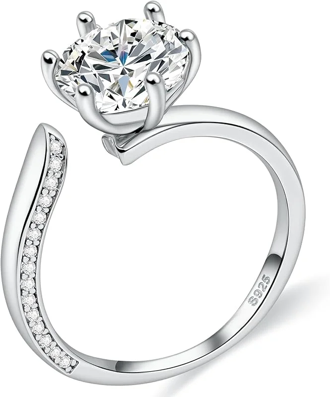 Women's Moissanite Ring, 1-2CT Lab-Created Diamond, 925 Silver Plated with 18K White Gold, Adjustable Open Ring, Engagement Ring. — Mobil och surfplatta