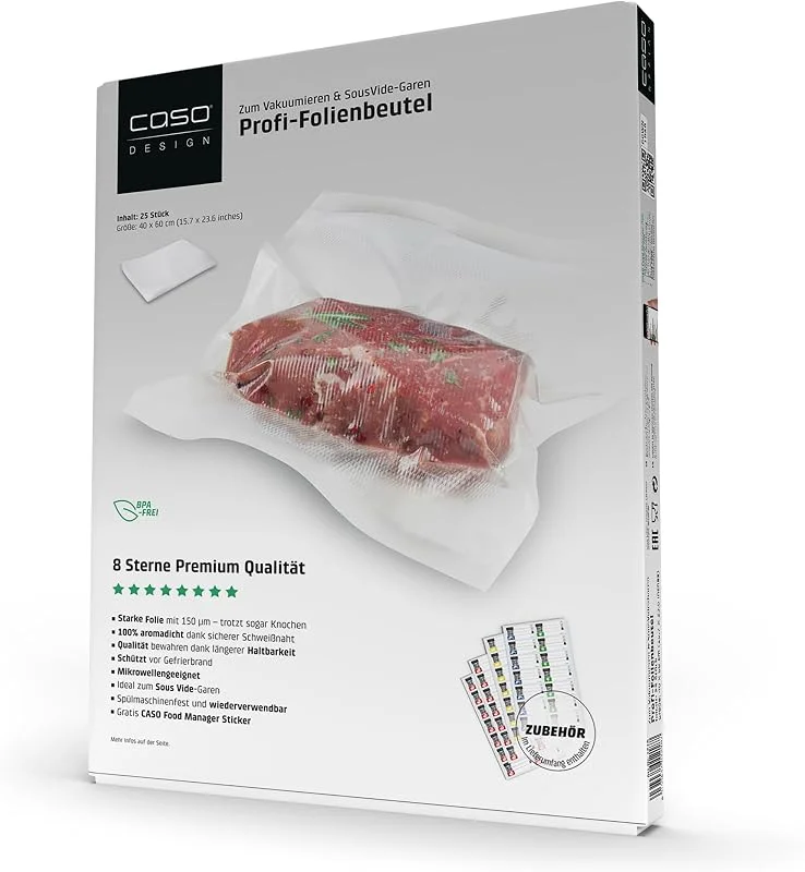 CASO Professionell vakuumpåse, 40 x 60 cm, 25 påsar, för alla vakuumförpackare, BPA-fri, mycket stark och slitstark ca 150 µm, doftsäker, koksäker, sous vide, återanvändbar, inkl. Food — Kök & Hushåll