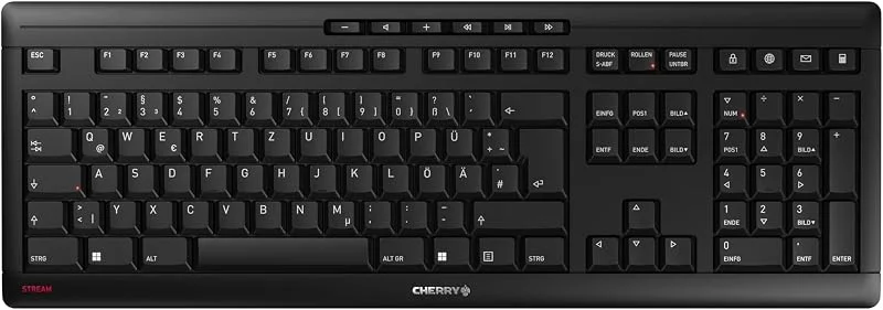 CHERRY STREAM KEYBOARD WIRELESS, Trådlöst Tangentbord, Tysk Layout (QWERTZ), Anslutning via 2, 4 GHz, Tyst Tangenttryckning, Platt Design, Batteridrivet, Svart — Datortillbehör