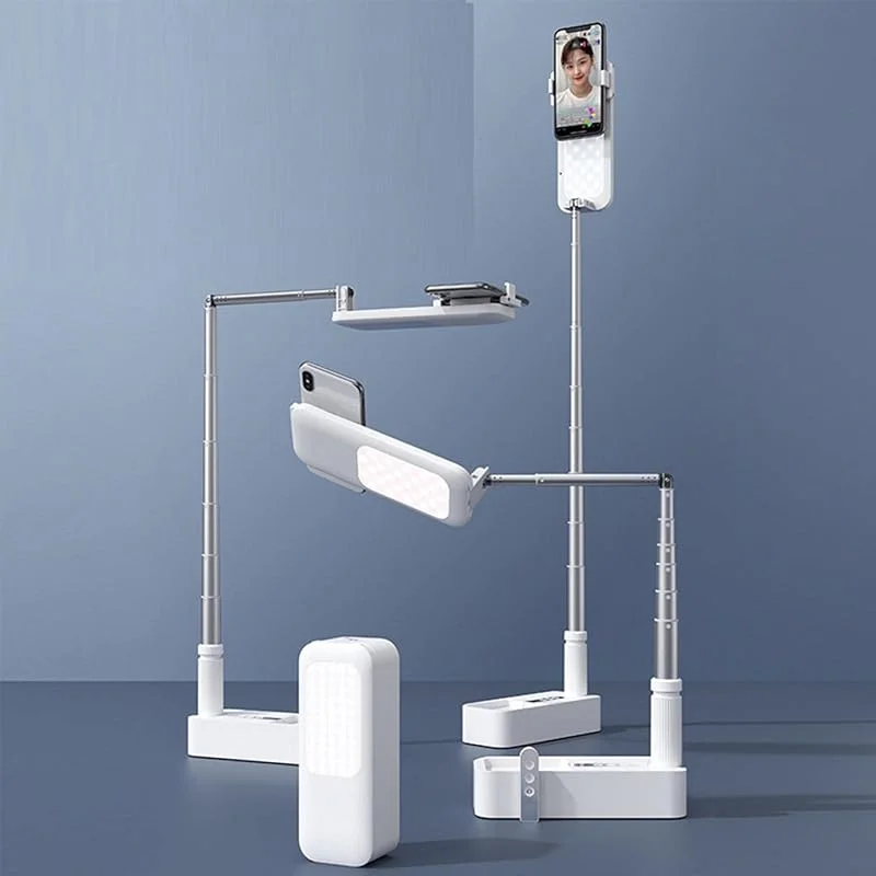 Utdragbart selfiestativ, vikbar selfie-lampa me 360° rotation, uppladdningsbart stativ med telefonhållare och fjärrkontroll, multifunktionshållare med fjärrkontroll och LED-lampa för videoinspelning — Mobil och surfplatta