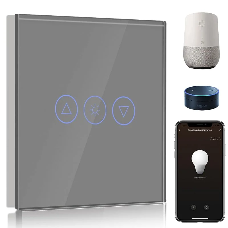 BSEED Smart dimmerströmbrytare, enkel, 1-vägs, wifi-LED-dimmerströmbrytare som fungerar med Amazon Alexa, pek-väggströmbrytare av glas, pekskärmsbrytare, grå (neutral tråd krävs) — Smarta hem
