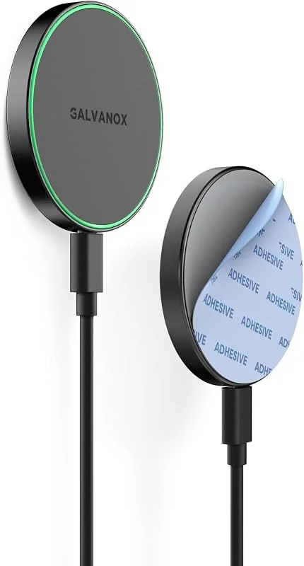 Galvanox Magnetisk trådlös laddare, kompatibel med MagSafe (15 W) iPhone snabbladdning, lågprofilplatta för vägg, hemmakontor, magnetbilfäste med avtagbar USB-C (självhäftande montering) — Mobil och surfplatta