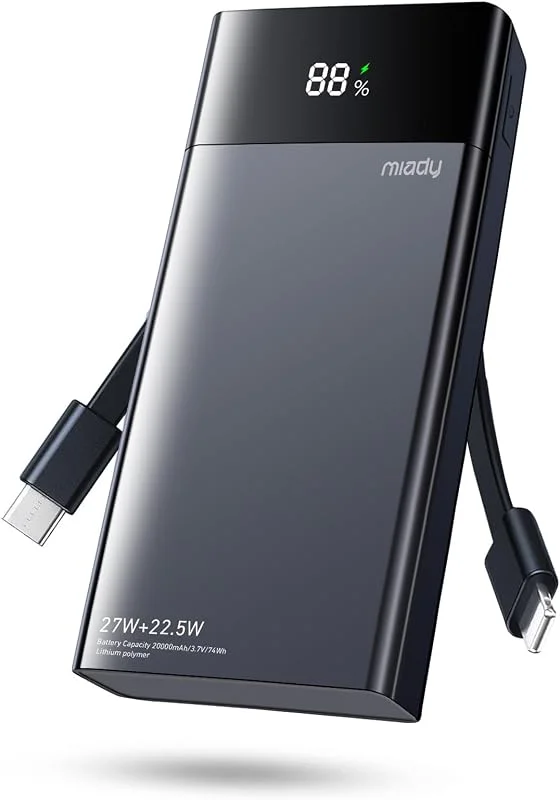 Miady Powerbank 20 000 mAh, 27 W snabbladdning med integrerad USB-C-kabel — Mobil och surfplatta