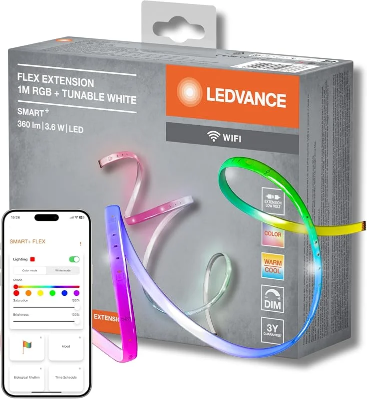 LEDVANCE LED Smart LED-ljusband med WiFi-teknik för inomhus, förlängning med 1 meter längd, ljusfärg kan ändras (2700–6500 K), RGB-färger utbytbara, skyddsklass IP20, SMART FLEX MULTICOLOR — Smart belysning