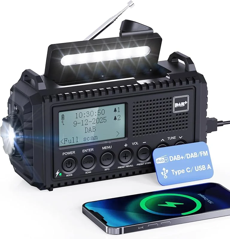 Mesqool Dab uppfällbart radio, 5 000 mAh soldriven nödradio med SOS-larm, handvevradio med USB-telefonladdare, bärbar dab-radio med ficklampa, hörlursuttag och dubbla larm för camping — Portabel digital och ljud
