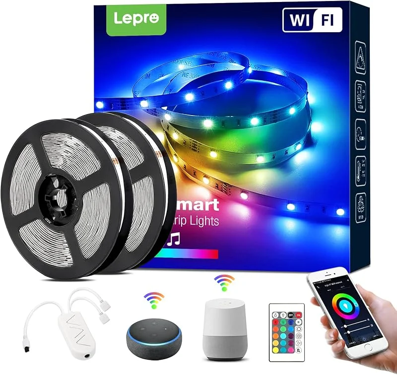 LEPRO Smart LED-remsa 10 m, 5 M x 2, musikstyrning, wifi LED-remsor, RGB dimbara, 300 lysdioder, wifi LED-band, självhäftande ljusband, ljuskedja med fjärrkontroll, kompatibel med Alexa, App, Google — Smart belysning