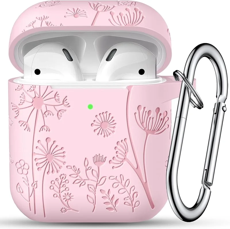 Maledan Blommgravyrt fodral, kompatibelt med AirPods fodral, söt mjuk silikon stötsäkert skyddsfodral för Airpods 2:a & 1:a generation med karbinhake [LED synligt] för kvinnor, A-rosa — Mobil och surfplatta