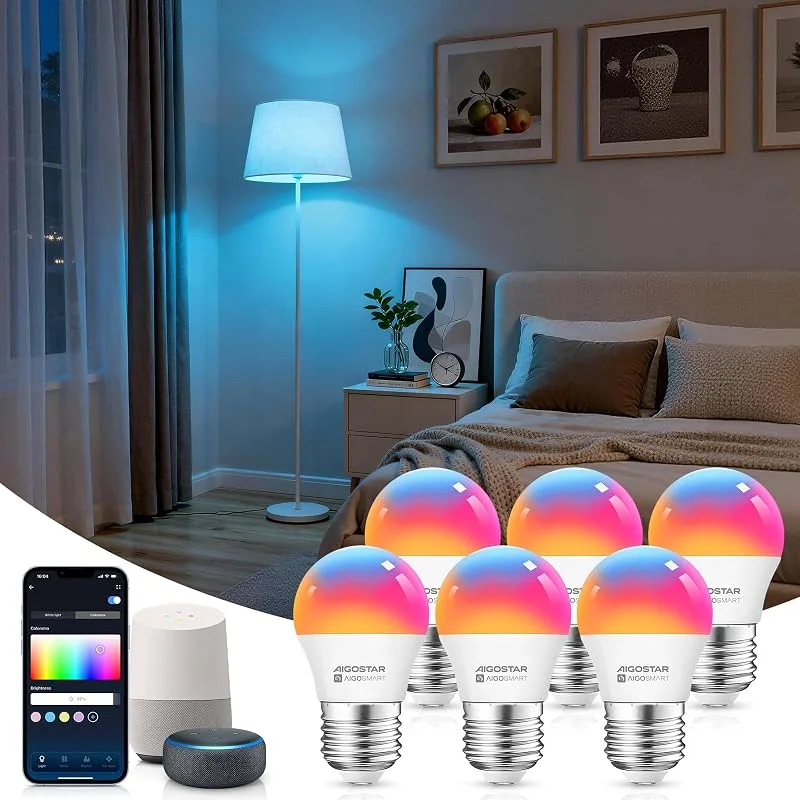 Aigostar Alexa-lampa, smart LED-lampa SL2 G45 E27 6, 5W, trådlös lampa varm, kall och RGB, ingen hubb krävs. Dimbara färger, 6-pack — Smart belysning