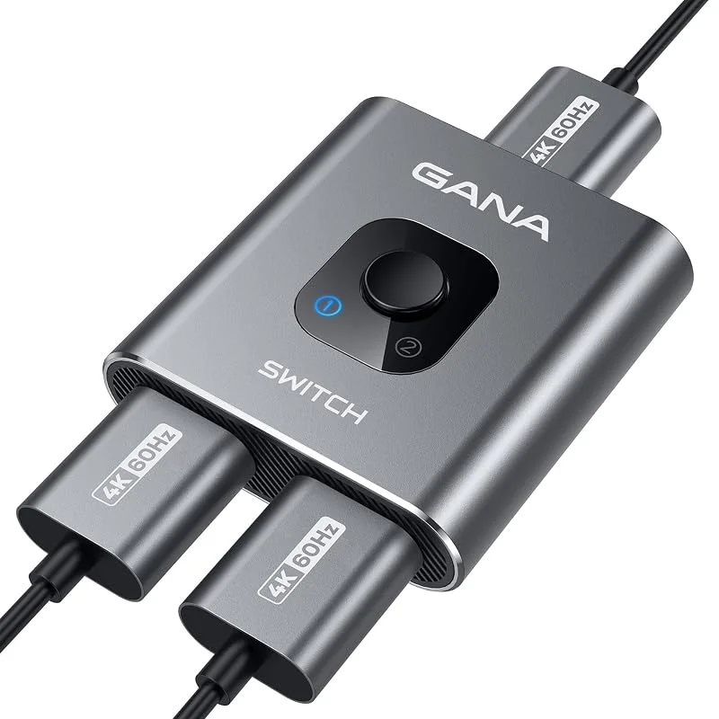 GANA HDMI-switch 4k@60hz Splitter, Aluminium Dubbelriktad HDMI-omkopplare 2 in 1 Ut, Manuell HDMI-nav stödjer HD Kompatibel med Xbox PS5, 4, 3 Blu-Ray-spelare Fire Stick Roku — TV och streaming