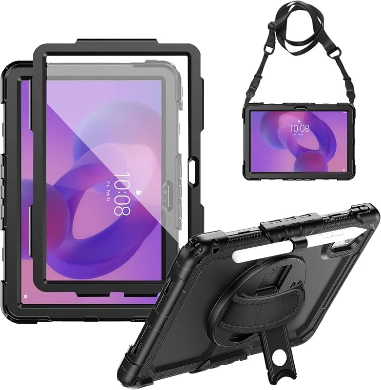 Junfire slitstarkt fodral för Lenovo Idea Tab (11 tum) 2025, vattentätt skyddsfodral med roterande bas, skärmskydd handledsrem, kompatibel med — Mobil och surfplatta
