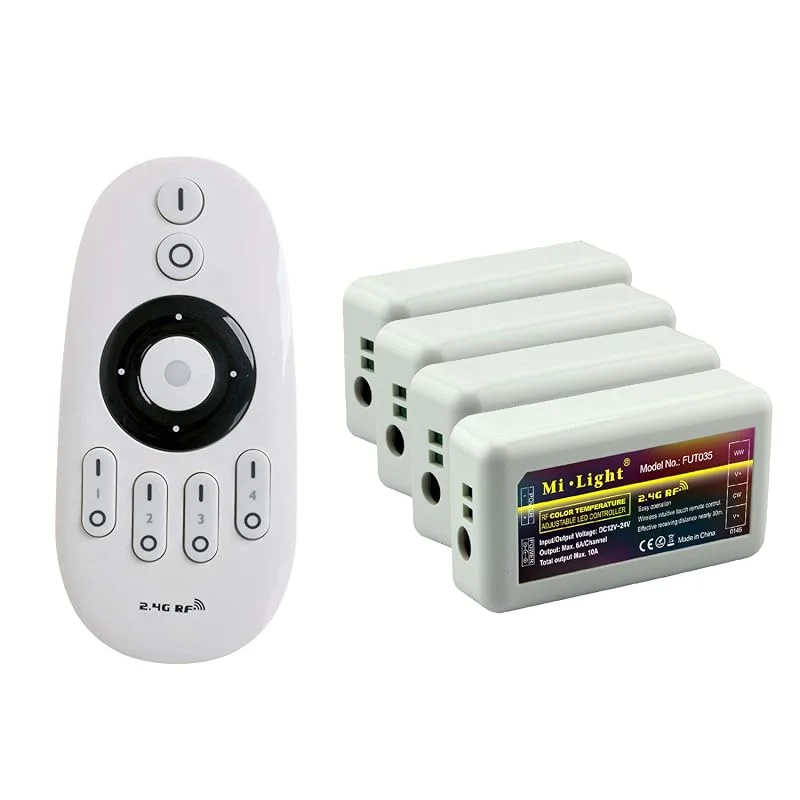 LIGHTEU®, Miboxer fjärrkontrollsats: paket med 4x dubbel vit färgtemperatur (varmvit till kallvit) Controller med 1 x RF trådlös 4-zons fjärrkontroll 4x fut035 + fut007 — Smart belysning