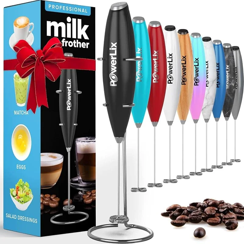 PowerLix Kraftfull handhållen mjölkskummare med stativ batteridriven skumtillverkare skummare för kaffe, latte, cappuccino, varm choklad, minigricka mixer rostfritt stål visp (Svart) — Kök & Hushåll