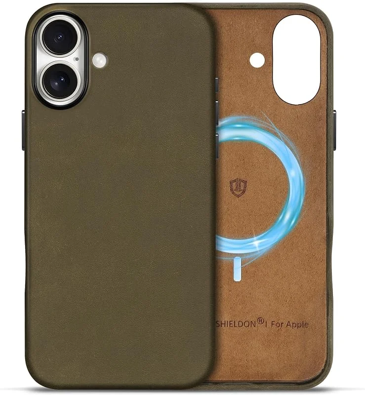 SHIELDON läderfodral för iPhone 16 Plus 6, 7" 5G 2024, khaki — Mobil och surfplatta
