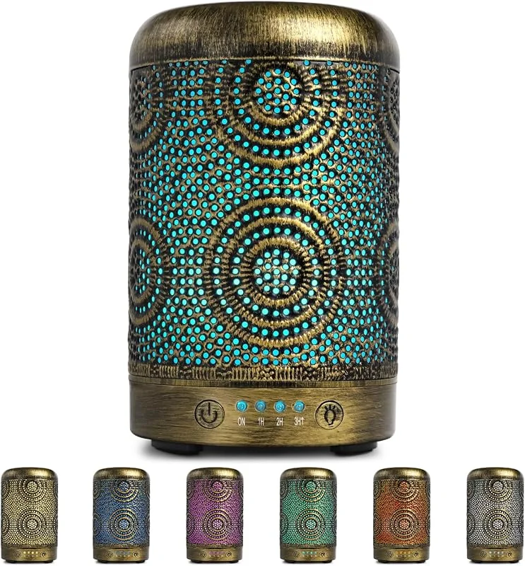 SALKING Aroma-spridare, luftfuktare, handgjord metallspridare för eteriska oljor, automatisk avstängning, 7 färger ljus, vintage, aromaterapi för bebis, hem, kontor eller yoga — Hushållselektronik