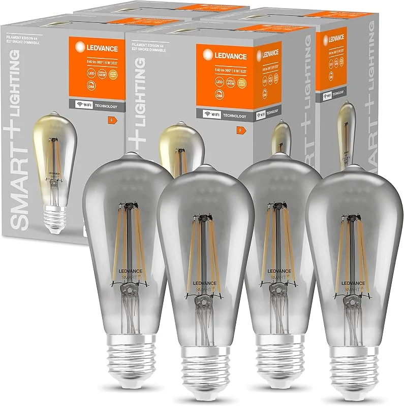 LEDVANCE Smart LED-Lampor med Wifi teknik, E27 sockel, dimbar, varmvitt, Edison-form, klar glödtråd i rökt glas, ersättning för 44W glödlampor, kontrollerbar med Alexa, google & app, 4-pack — Smarta hem