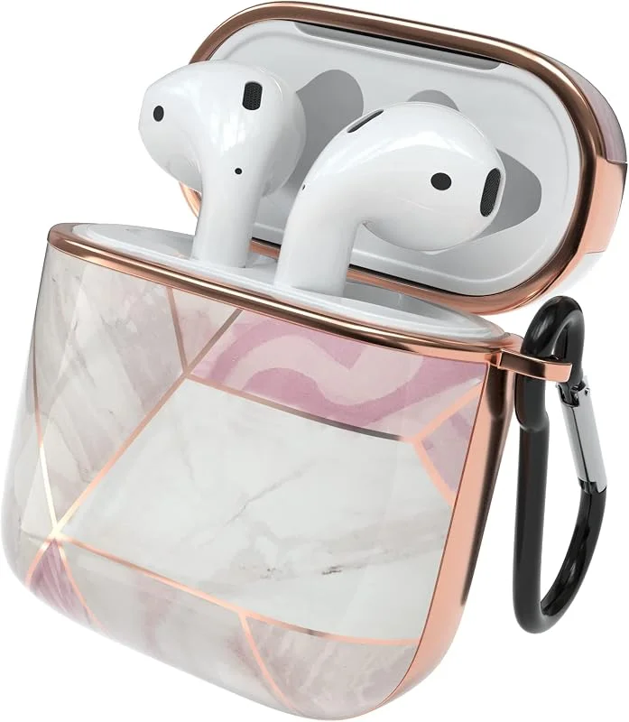 EAZY CASE Fodral i marmorutseende kompatibel med AirPods 1, 2, cover, perfekt passform, halkfritt fodral, stöttåligt polykarbonat, fullfodral roséguld — Mobil och surfplatta