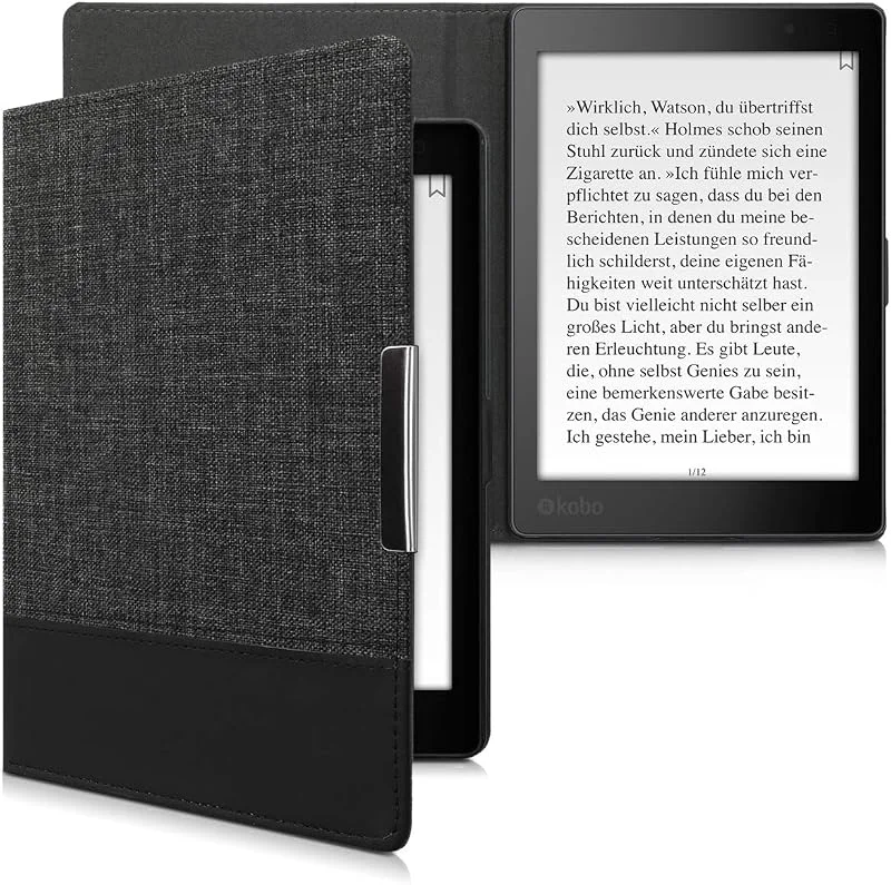 kwmobile fodral kompatibelt med Kobo Aura ONE – PU-läder och canvas e-läsarskydd – antracit, svart — Portabel digital och ljud