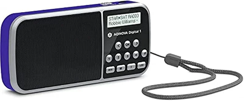 AQINOVA Digital 1 – bärbar DAB+, FM-radio (LCD-skärm, favoritminne, direktvalsknappar, hörlursuttag, USB, AUX-in, LED-ficklampa, utbytbart batteri, 1 watt, liten) blå — Portabel digital och ljud