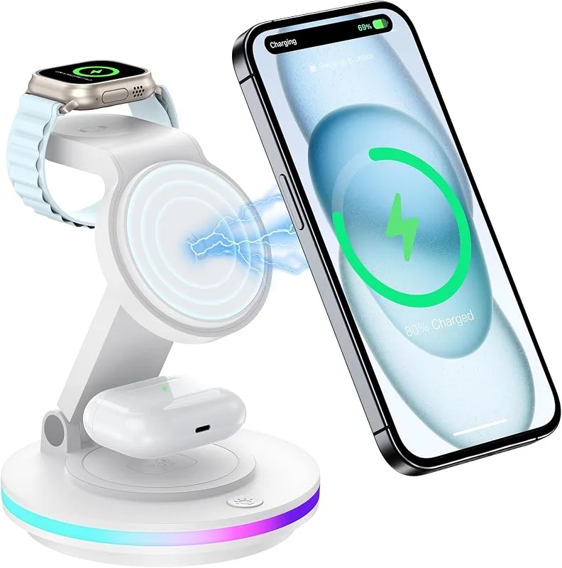 Mag Safe laddningsstation, trådlöst laddningsstativ, 3-i-1 vikbar induktiv laddningsstation Apple Watch och 16 15 14, roterande laddningsstativ, trådlös laddare med nattlampa — Mobil och surfplatta