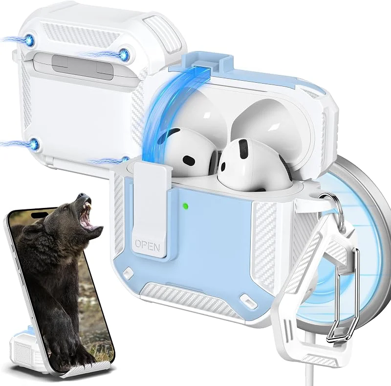 R-fun för AirPods 4-fodral med rengöringssats, kolfiberelement militär droppsäkert automatiskt popup-fodral, telefonstativ och magnetisk bas med karbinhake, kompatibel med AirPods 4:e generationen — Mobil och surfplatta