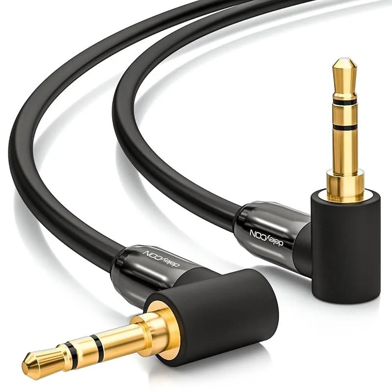 deleyCON 0, 5m Jackkabel 3, 5mm AUX Kabel Stereo Ljudkabel Jackkontakt 90° Vinklad för PC Laptop Mobiltelefon Smartphone Sufrplatta Bil Hi-Fi-Mottagare Svart — Hörlurar och ljud