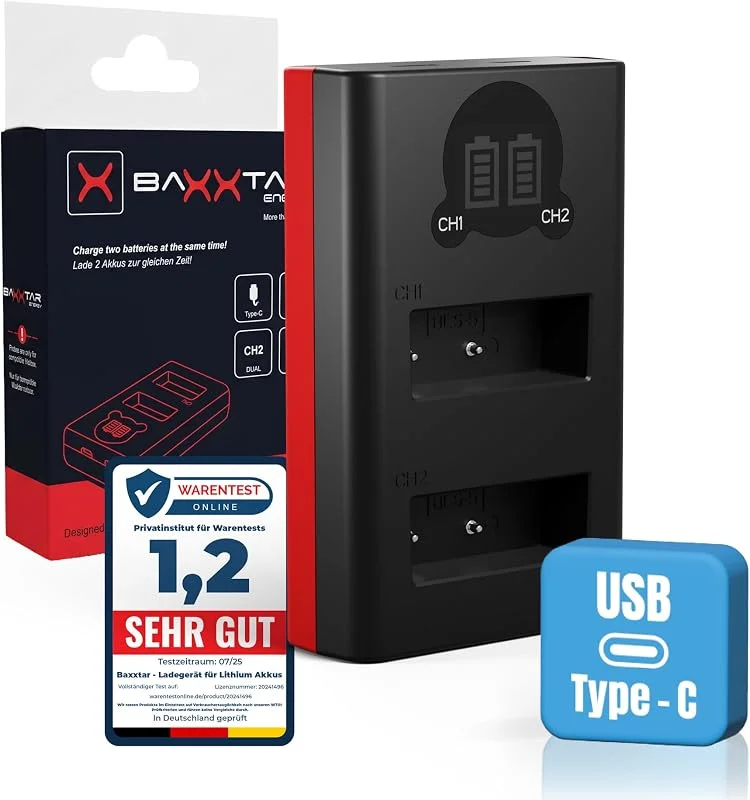 Baxxtar Dual LCD Laddare USB-C för Olympus BLS-5 BLS-50 BLS-1 kamerabatteri — Laddning och kablar