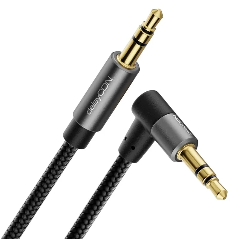 deleyCON 1, 5m Aux-Kabel 3, 5mm Audio Jackkabel Stereo Kabel Bomullskabel & Metallkontakt - Plugg Strax på Plugg 90° Vinklad - Mobiltelefon Smartphone Surfplatta Hörlurar Hi-Fi-Mottagare Fordon — Hörlurar och ljud