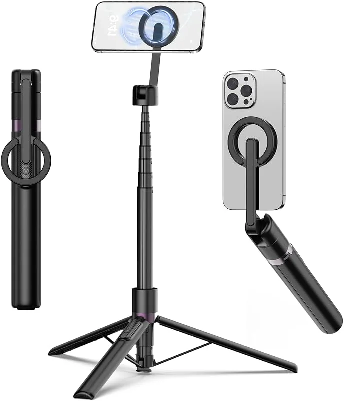 TONEOF 173cm magnetisk selfiepinne stativ, stark magnetisk aluminiumhållare för magsafe-mobiltelefon 360° roterbar, infällbart resestativ med metallring och fjärrkontroll-Svart — Mobil och surfplatta