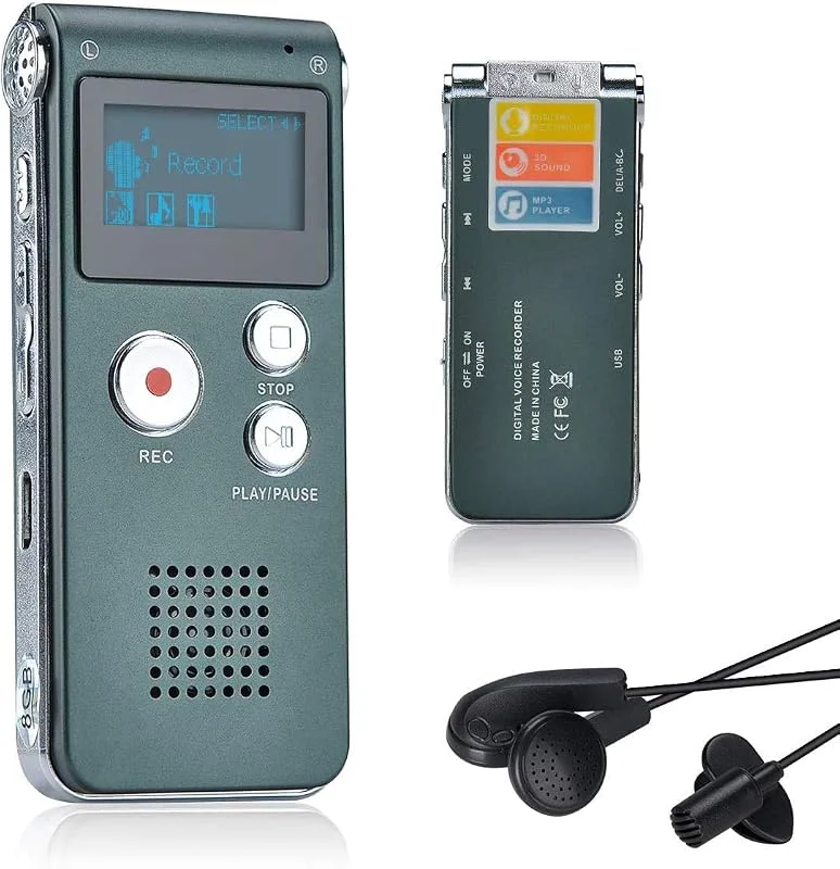 Lychee 8 GB röstinspelare USB-laddningsbar diktafon LCD-inspelare med multifunktionellt digitalt ljud och MP3-spelare (järngrå) — Portabel digital och ljud