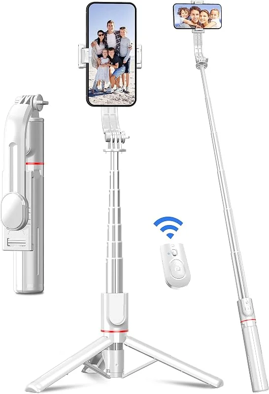 Selfie Stick med förbättrat stativ [2023 helt ny design] Aluminium Selfie Rod mobiltelefon stativ med avtagbar fjärrkontroll 360 ° roterbar för iPhone Samsung, Action Camera GoPro. (Vit) — Mobil och surfplatta