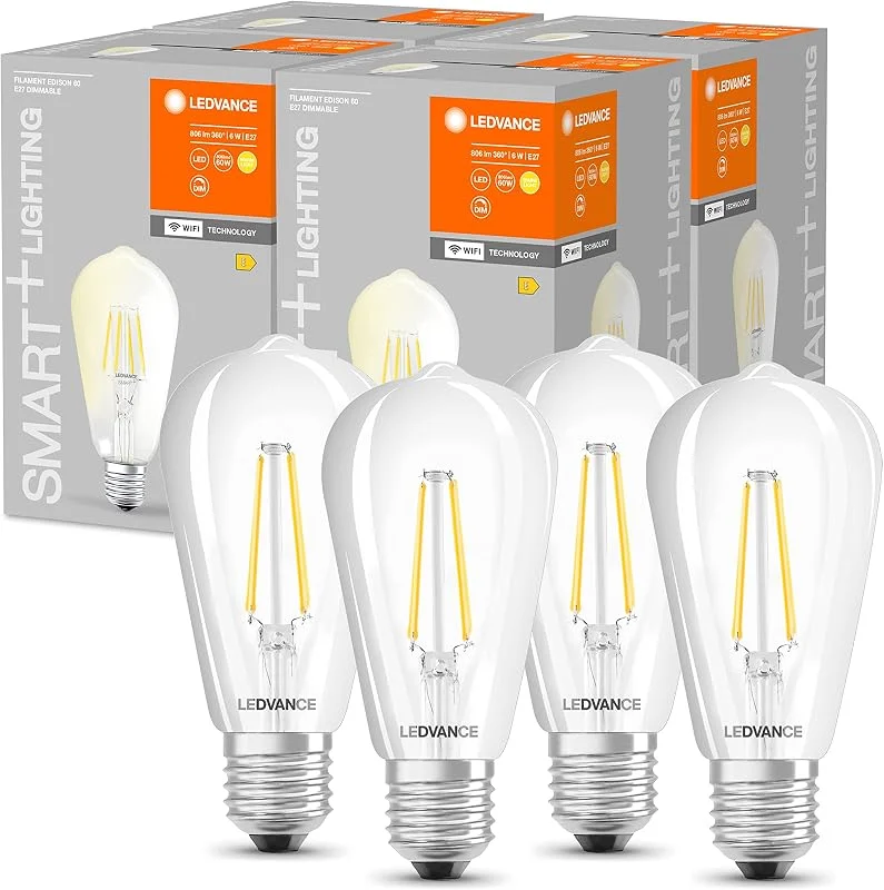 LEDVANCE Smart LED-Lampor med WiFi-teknik, E27-sockel, dimbar, varmvitt (2700 K), ersätter glödlampor med 60 W, SMART+ WiFi Filament Edison Dimmable, 4-pack — Smarta hem