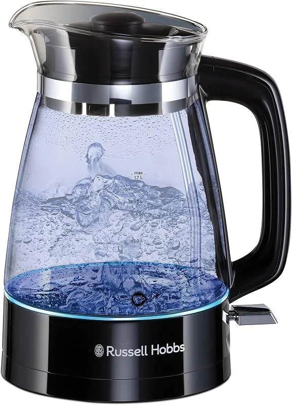Russell Hobbs Vattenkokare i glas, 1.7l, 2400W, blå LED-belysning, snabbkokningsfunktion, avtagbart lock, perfekt hällpip, 360° bas med sladdförvaring, Classic 26080-70 — Kök & Hushåll