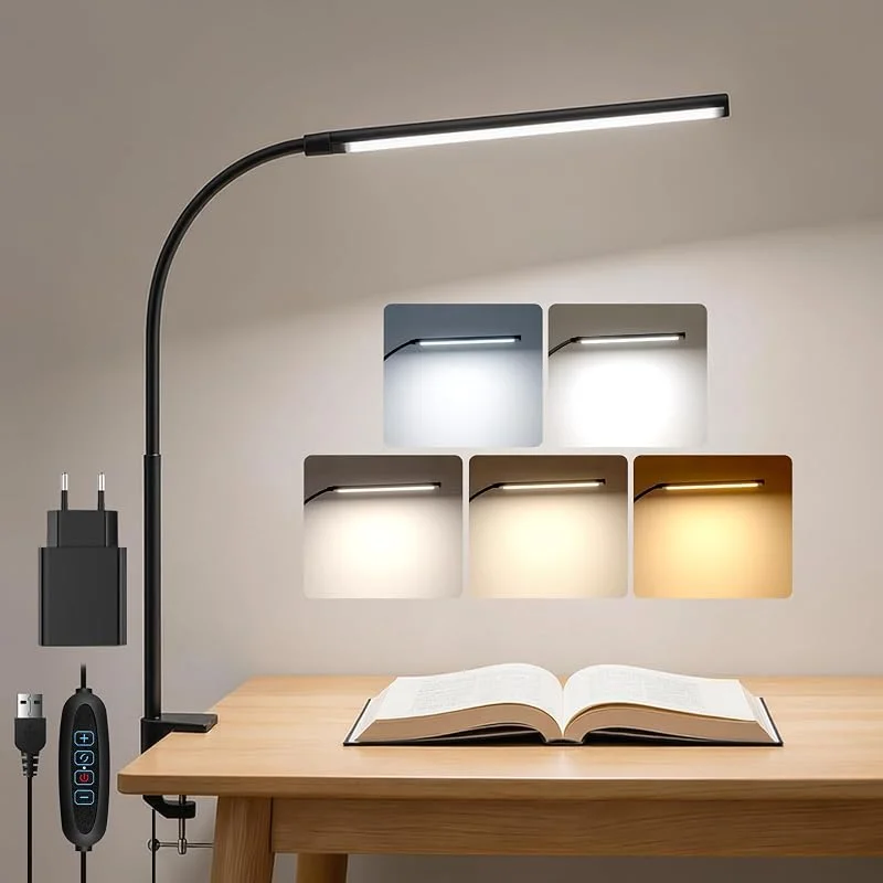 Akynite LED skrivbordslampa som kan klämmas fast, med timer, inkluderad 2A-adapter. 5 färglägen och 10 ljusstyrkor, USB-anslutning med kabel. Klämlampa för skrivbord, svanhals LED bordslampa, svart — Hushållselektronik