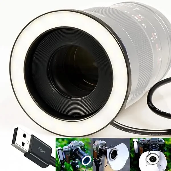 Gua'ge 46 mm kaliber LED-makro-ringlampa, ljusljus för makrofotografering, 7 W ljusstyrka, 3 färgtemperaturer för DSLR-kameralins, inklusive adapterring, USB-port, strömförsörjning — Mobil och surfplatta