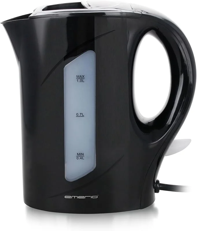 Emerio Vattenkokare, 1, 0 liter, 900 watt, vattennivåindikator, BPA-fritt, torrgåsskydd, upplyst på, av-brytare, perfekt för hem, camping eller kontor, WK-121616.1, svart — Kök & Hushåll