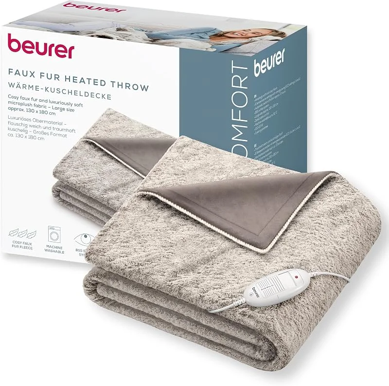 Beurer HD 75 Nordic värmefilt, mysig värmedynai fuskpäls, med 6 temperaturinställningar, maskintvättbar vid 30 °C, med automatisk avstängning, beige, brun, 180 x 130 cm — Kök & Hushåll