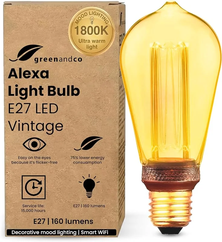 greenandco E27 LED Lampa Vintage Smart WiFi ST64 Bärnsten 3.8W 160lm 1800K — Smarta hem