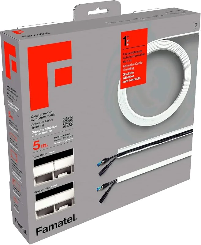 Famatel 71502A självhäftande kabelkanal, med redan integrerad självhäftande tejp, 5 meter, 10 x 16 mm, fyrkantig, enkel montering, Kabelkanal, vit — TV och streaming