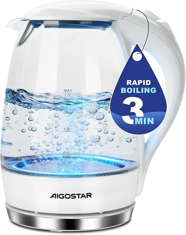 Aigostar Eve – vattenkokare glas 1, 7 liter vit, glasvattenkokare LED-belysning, optimerad pip, kalkfilter, 360° bas, 2200 watt, automatisk avstängning torrskydd, rostfritt stål värmeelement — Kök & Hushåll
