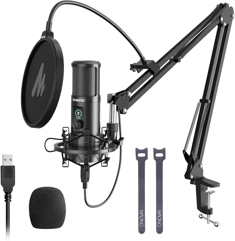 MAONO PM421 USB-mikrofon med en knapptryckning, professionell kardioidkondensatormikrofon 192KHZ, 24BIT och mikrofonförstärkningsknapp för sändning, inspelning, YouTube — Hörlurar och ljud
