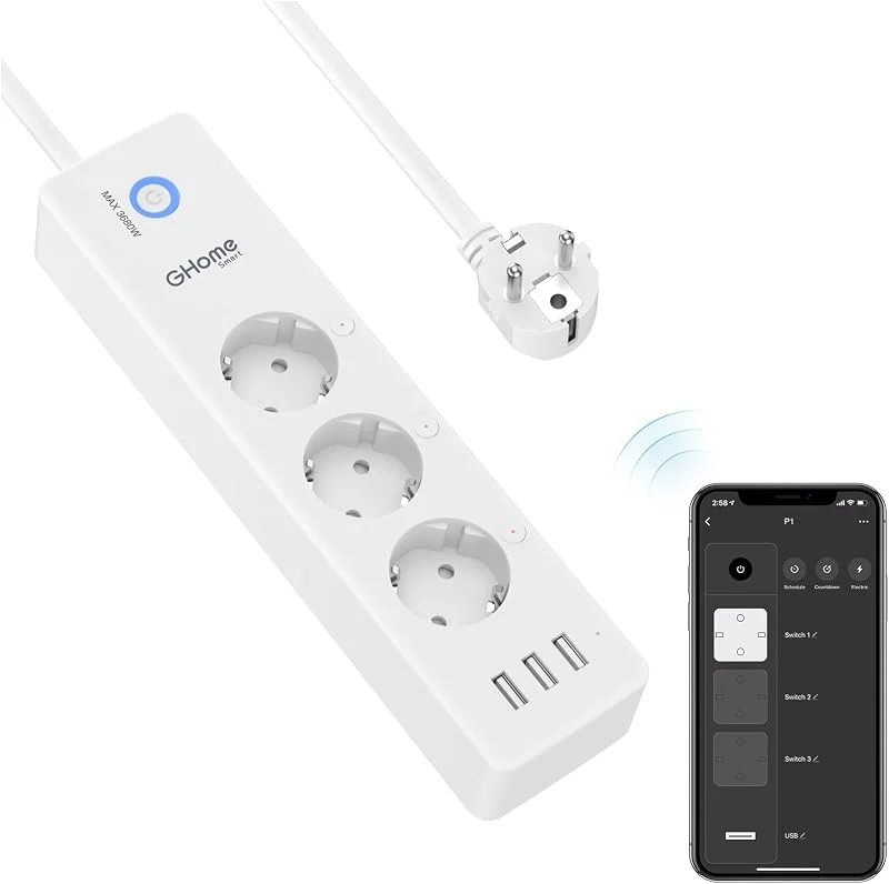 GHome Smart WLAN grenuttag med 3 uttag och 3 USB, 16 A — Smarta hem