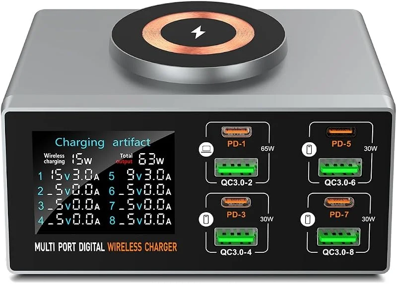 Multifunktionell magnetisk absorption display smart laddare, JHZL 140 W 8-port USB C med 65 W PD, QC3.0, trådlös laddare, LCD-display — Mobil och surfplatta