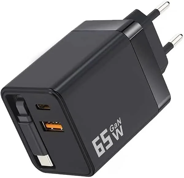 65W Retractable Wall Charger with USB C Cables, USB C Charger Adapter Block GaN PD PPS 45W Fast Charging Station for iPhone 17, 16, iPad, Samsung Galaxy, Type C Dual Port Portable Home Office Travel — Mobil och surfplatta