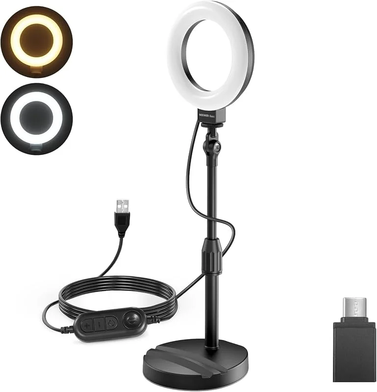 NEEWER BASICS 13 cm bord ring med stativ och LED-selfie-ljus 10 W, kompatibel med iPhone för videoinspelning och videokonferenser, smink, svart BR60 — Mobil och surfplatta