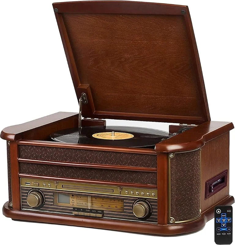 Cyberlux Nostalgie musiksystem i trä, Bluetooth, Kassettdäck, Kompakt system, Retro stereo, skivspelare, Radio, CD MP3-spelare, fjärrkontroll, AUX IN, Hörlursingång — Portabel digital och ljud
